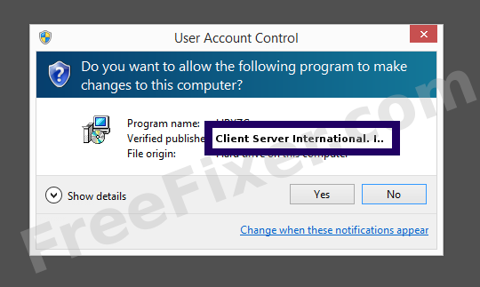 Screenshot where Client Server International. Inc. Beijing Branch appears as the verified publisher in the UAC dialog
